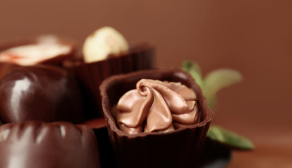 Delicious chocolate candies, closeup