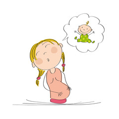 Pregnant woman dreaming of her baby - original hand drawn illustration