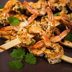 Grilled Shrimp Skewers Appetizer. Selective focus.