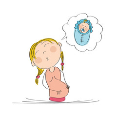 Pregnant woman dreaming of her baby - original hand drawn illustration