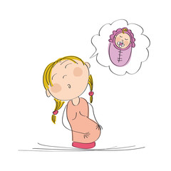 Pregnant woman dreaming of her baby - original hand drawn illustration