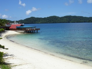 Fototapeta na wymiar Riptide Beach, Koror, Palau A stretch of white, soft sandy beach