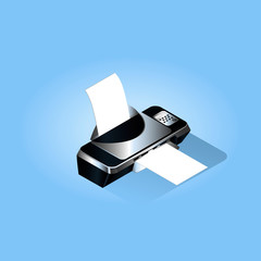 Inkjet printer of black color with a falling shadow on a blue background