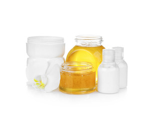 Nutrient cosmetic and delicious honey for spa on white background