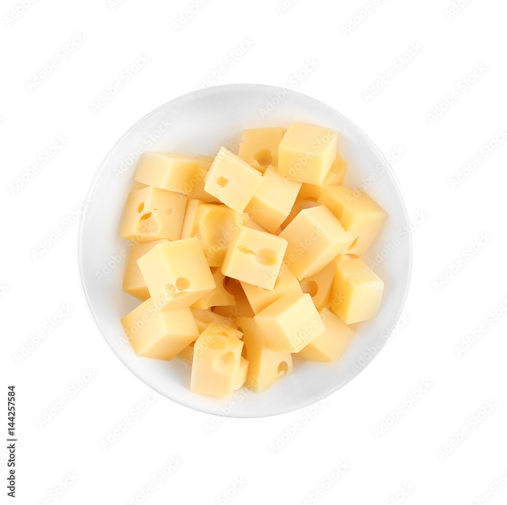 Sticker tasty cheese in bowl on white background