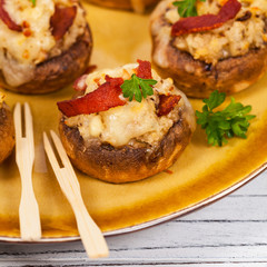 Stuffed Mushrooms with Bacon, Cheese and Breadcrumbs. Selective focus.