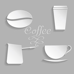 Vector coffee background with floral pattern elements. 3D elements with shadows and highlights. Paper cut. Eps10