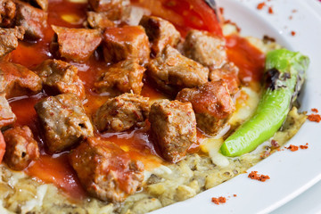 Shish kebab served on the table