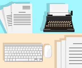 Workplace with typewriter. Flat design.Writing a blog,blogging.Storytelling technique.Copywriting. Blogging concept illustration