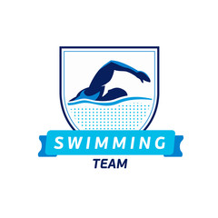 Vector swimming team logo. Swimmer silhouette in water. Creative badge. Triathlon concept. Flat design.