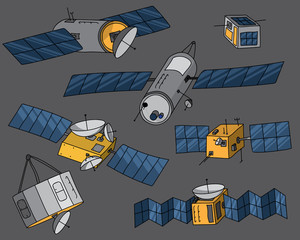 Set of various hand drawn satellite illustrations including generic communication satellites and cubesats. All satellites isolated on background.