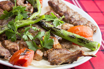 Turkish mixed kebab Served on the plate