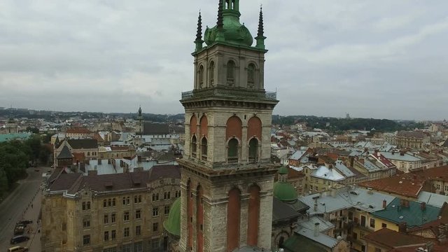 AERIAL flight over ancient church in Lviv.