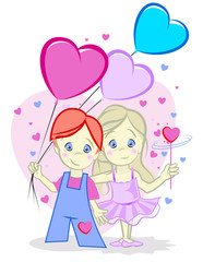 cute boy, girl illustration with balloons and hearts