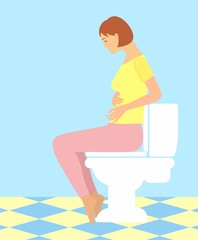 Woman is sitting on the toilet. urinary bladder problem or or sickness concept.