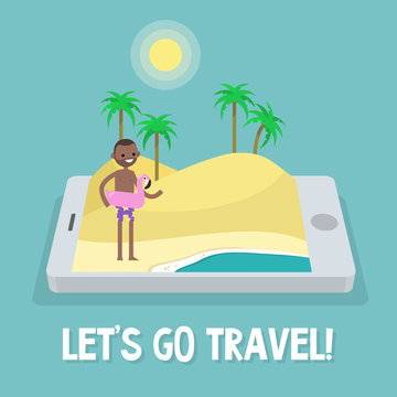 Travel concept. Mobile application. Augmented reality: young black character standing on the sand near by the ocean. Flat editable vector illustration, clip art