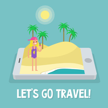 Travel concept. Mobile application. Augmented reality: young female character standing on the sand near by the ocean. Flat editable vector illustration, clip art