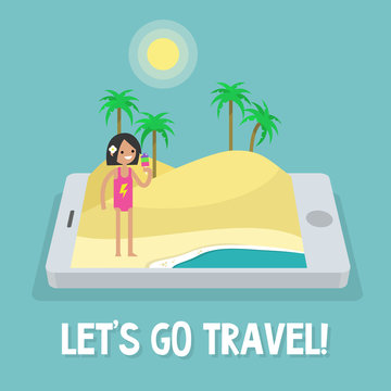 Travel concept. Mobile application. Augmented reality: young female character standing on the sand near by the ocean. Flat editable vector illustration, clip art