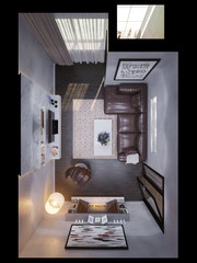 3d illustration of the interior design of the living room. The interior style of the apartment is modern in gray and white tones. Render image in the top view of the room