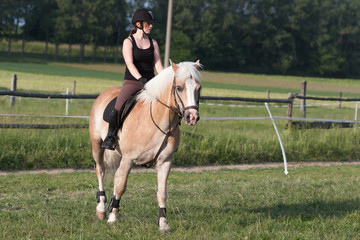 A young woman riding a horse Haflinger