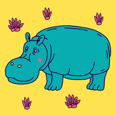 Cartoon animal, cute hippo on green backgrounds.
