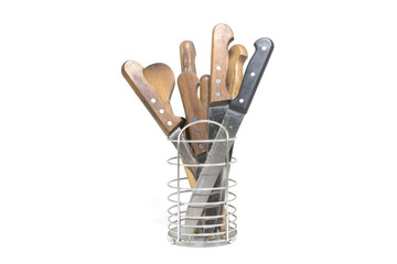 Kitcen knives in iron box isolated on white background