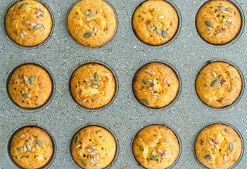 Corn bread muffins in a baking mold - top view