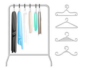 Hanger racks with clothes on hangers. Flat design style modern vector illustration concept. - obrazy, fototapety, plakaty