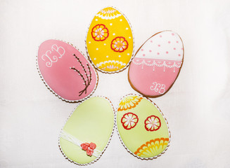 Easter egg shaped sugar cookies. Gingerbread glazed with royal icing. Food background. Macro image. Easter decoration or gift. Selective focus on the front