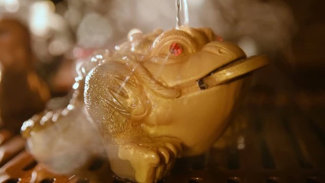 Tea figurine money toad changing color from water temperature.Slow motion