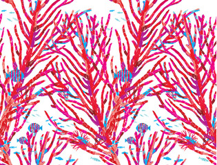 Seamless pattern. Hand painted brush strokes. Red corals and blue fish on a white background. Undersea world. Background for textile or book covers, manufacturing, wallpapers, print, gift wrap.