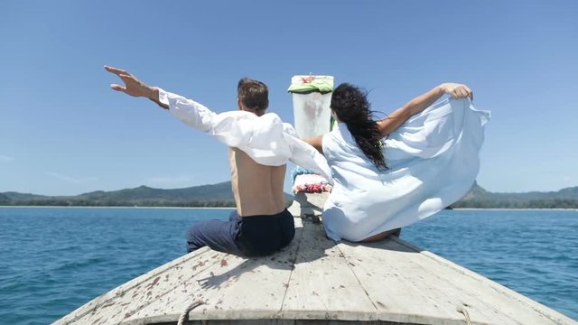 Couple On Thailand Boat Nose Back Rear View, Happy Romantic Man And Woman Tourist Slow Motion 120