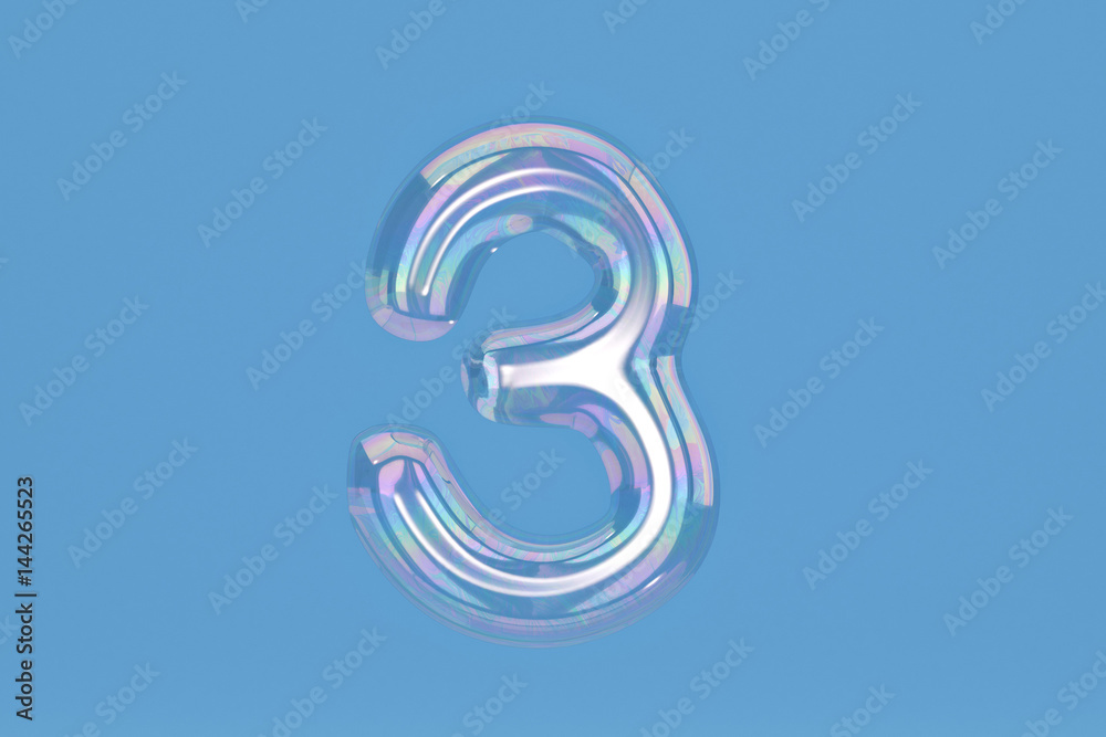 Fototapete bubble numeral 3 on blue background include path.3d illustration.