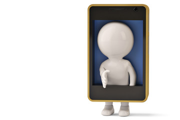 A little human character in mobile phone.3D illustration.