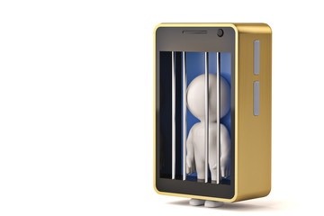 A little human character in mobile phone jail.3D illustration.