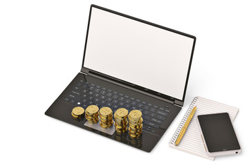Gold coin stack and notebook and laptop on white background.3D illustration.