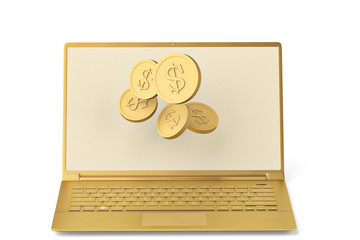 Gold laptop and gold coins on white background.3D illustration.