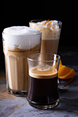Coffee latte, black espresso and viennese coffee