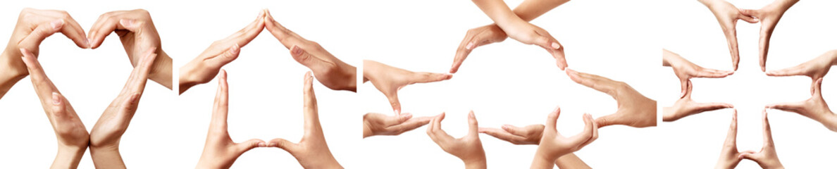 Symbols made by hands representing concepts of insurance, heart, health insurance, home insurance, car auto insurance, cross, life medical insurance isolated on white background