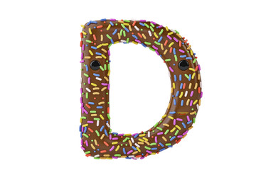 A cartoon donut alphabet letter d on white background,3D illustration.