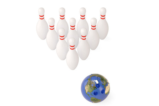 Planet bowling ball and pins.3D illustration.