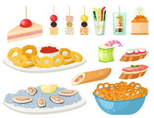 Various meat canape snacks appetizer fish and cheese banquet snacks on platter vector illustration. - obrazy, fototapety, plakaty