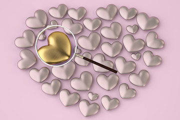 Gold and silver heart with magnifier on pink background.3D illustration.