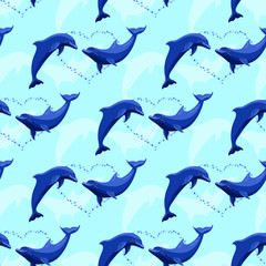 Seamless pattern with dolphins couple in the sea. Vector endless backround for surface texture, wrapping, wallpaper or web pages.
