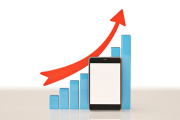 A business graph with rising arrow and smartphone.3D illustration.