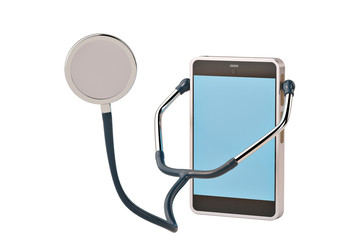 Mobile phone and stethoscope on white background.3D illustration.