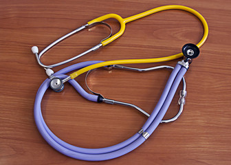Phonendoscopes on the doctor's desk, medical instruments
