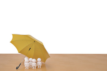 Five charactern under umbrella.3D illustration.