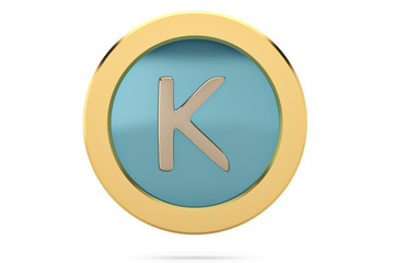 Golden ring with alphabet K on white background.3D illustration.