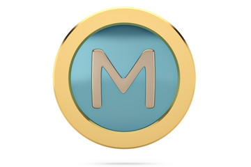 Golden ring with alphabet M on white background.3D illustration.